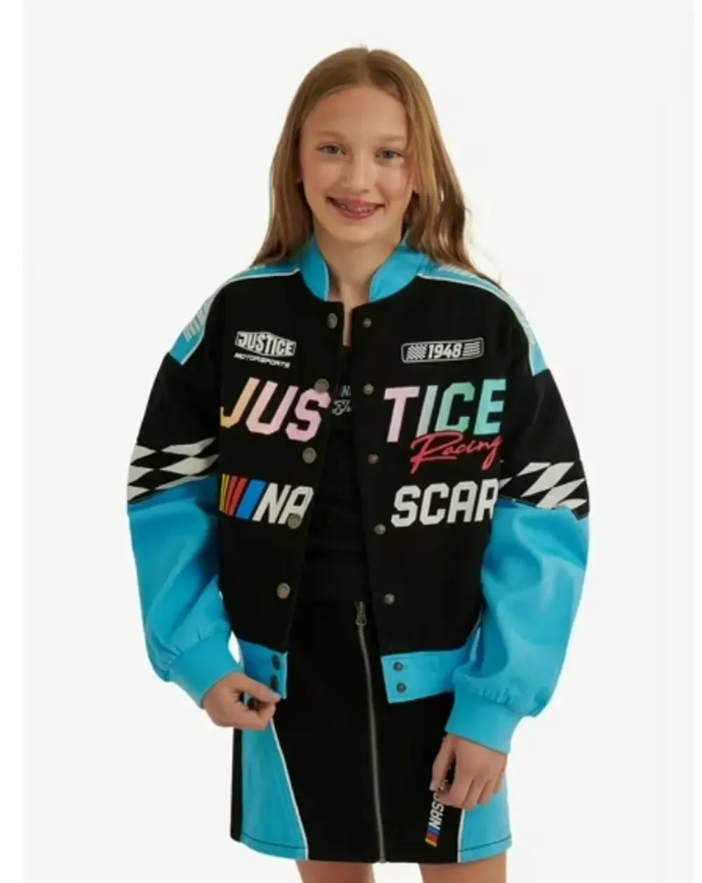 Girl's NASCAR X Justice Collab Racing Jacket Blue Black XL Snap Button NEW
